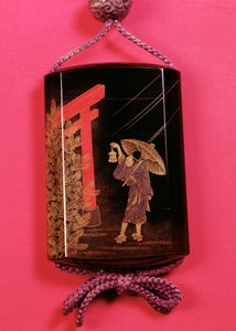 Fire sager, der forestiller en mand, der huserer under en parasol (togidashi)